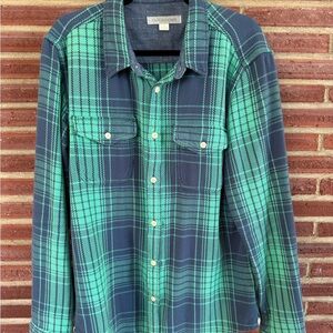 Outerknown Navy and Green Plaid Blanket Flannel Shirt